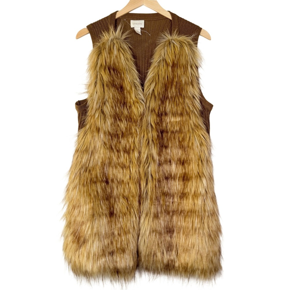 Chico's Womens Size 2‎ Brown Faux Fur Vest Long Boho Western Lagenlook
